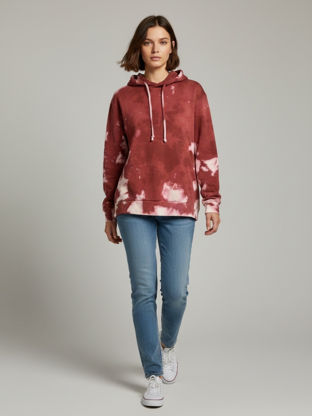 Chaser Women's XS Rust Burgundy Red & White Acid Wash Tie-Dye Pullover Hoodie